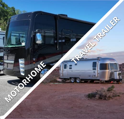 showing a motorhome and travel trailer on the same image