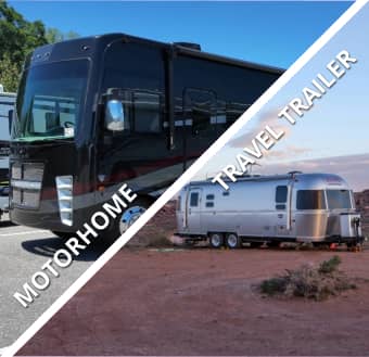 showing a motorhome and travel trailer on the same image